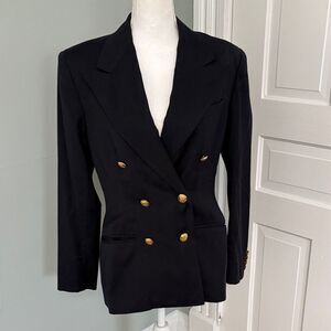 Vintage Ralph Lauren Elegant Navy Blue Double-Breasted Women's Blazer Gold 8